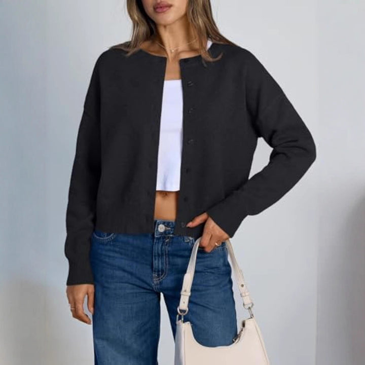 Women's Cropped Cardigan in Boxy Cut with Round Neck and Ribbed Cuffs Drune