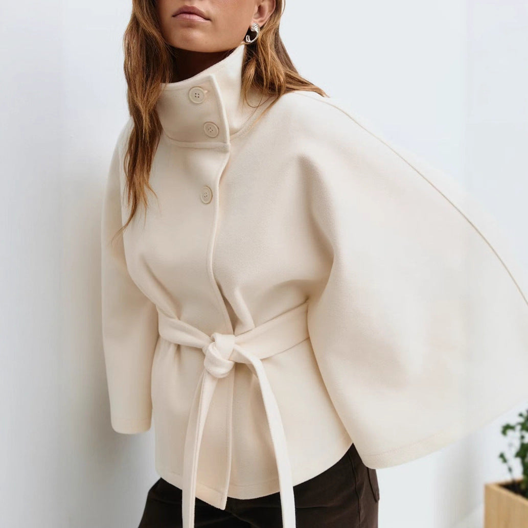Women's Widely Cut Cape Coat with High Stand-up Collar, Button Placket, and Tie Belt Mune Fashion