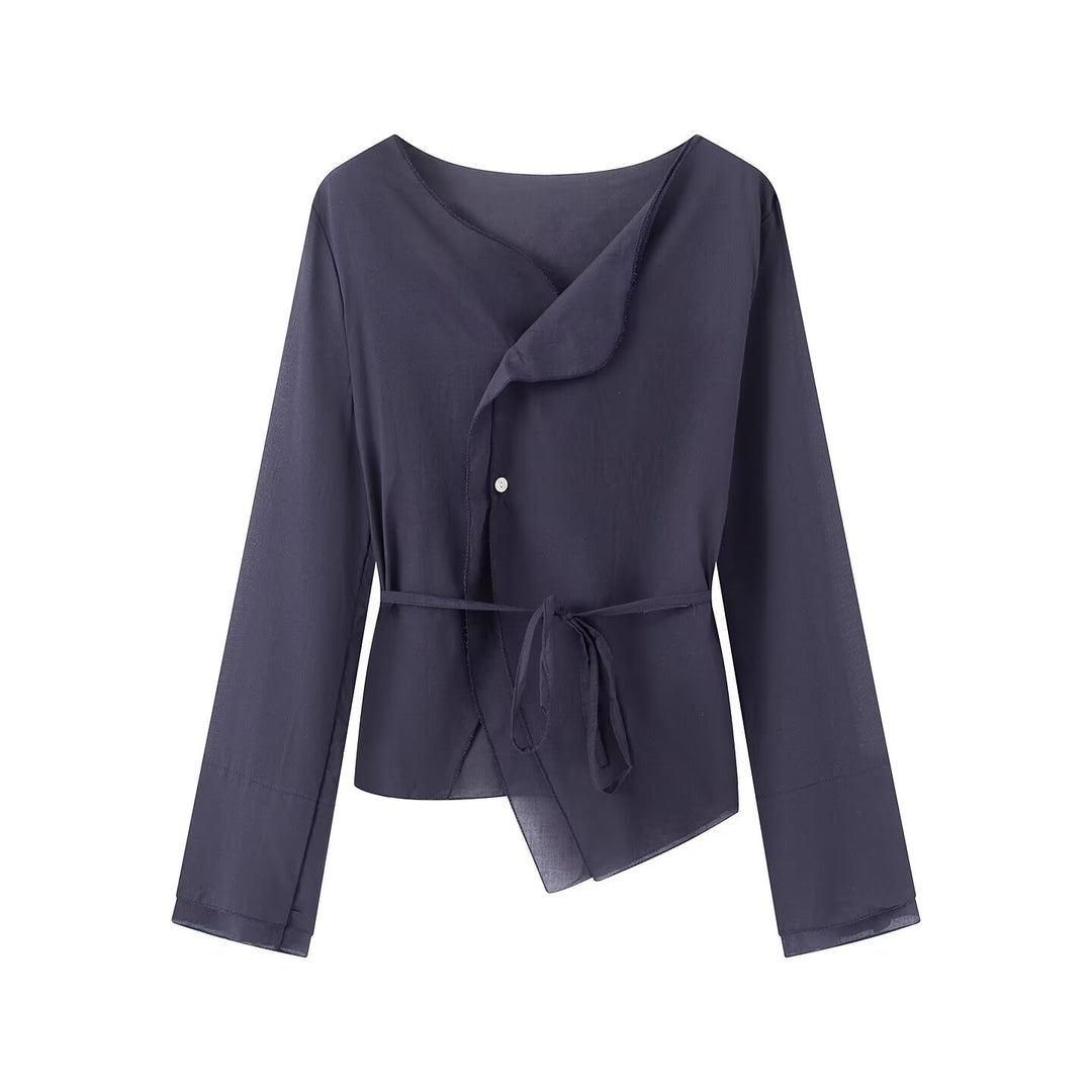 Women's wrap blouse with asymmetrical front, V-neck and tie belt Mune Fashion