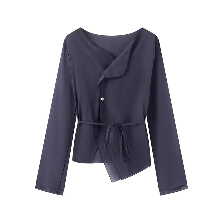 Women's wrap blouse with asymmetrical front, V-neck and tie belt Mune Fashion