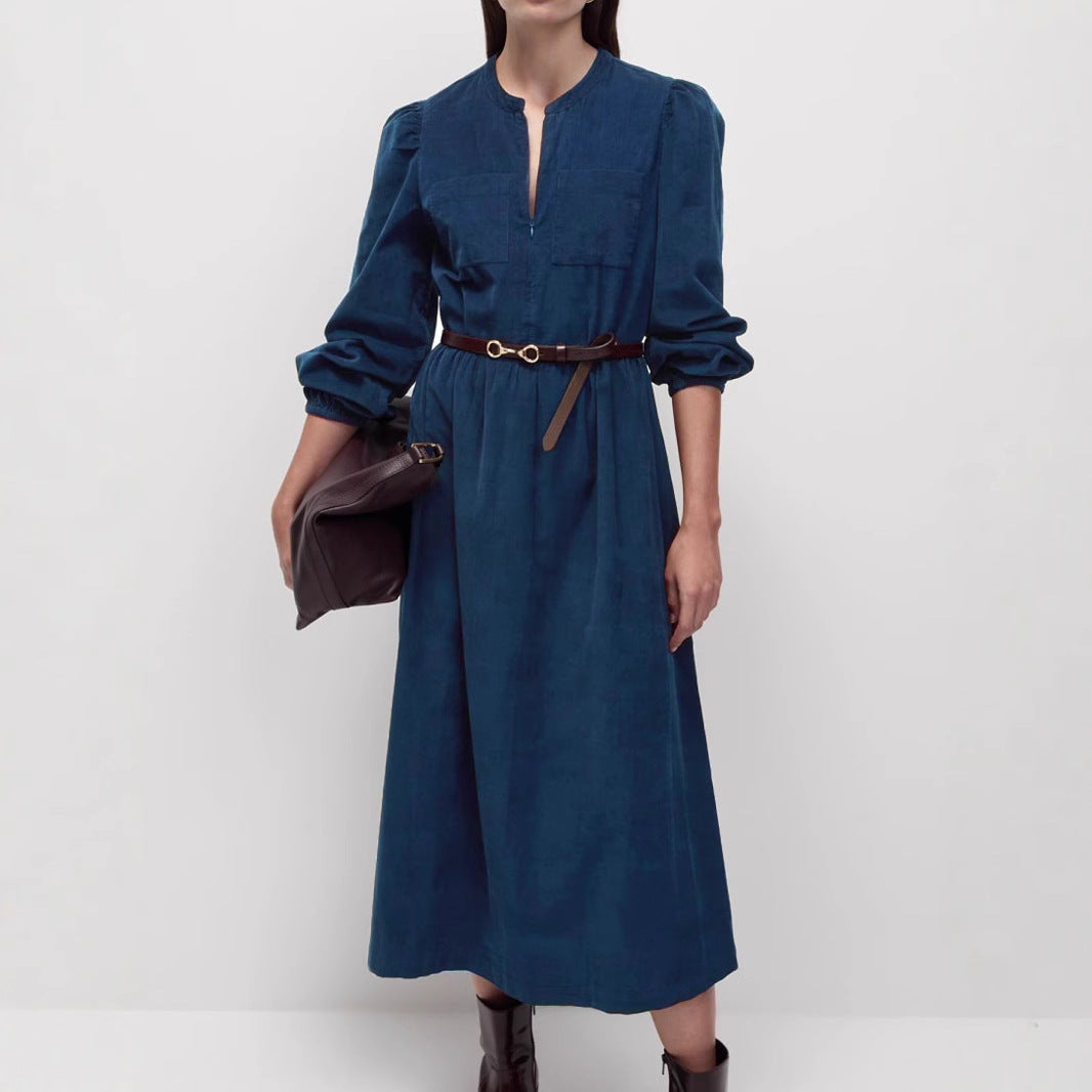 Women's Long Cord Dress with Gathered Waist Seam, Chest Pockets and Short Zipper at the Top