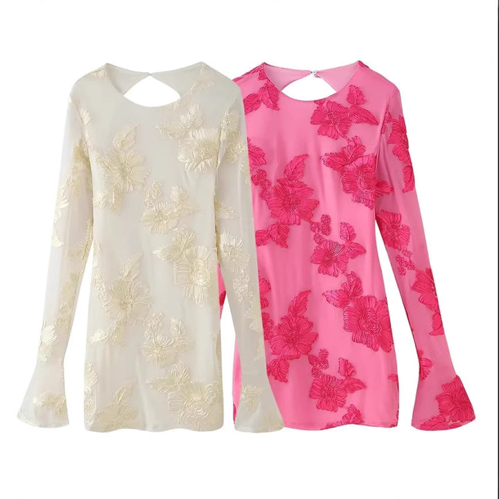 Women 300+ Chiffon blouse with floral 3D embroidery, keyhole back and flared cuffs Mune Fashion