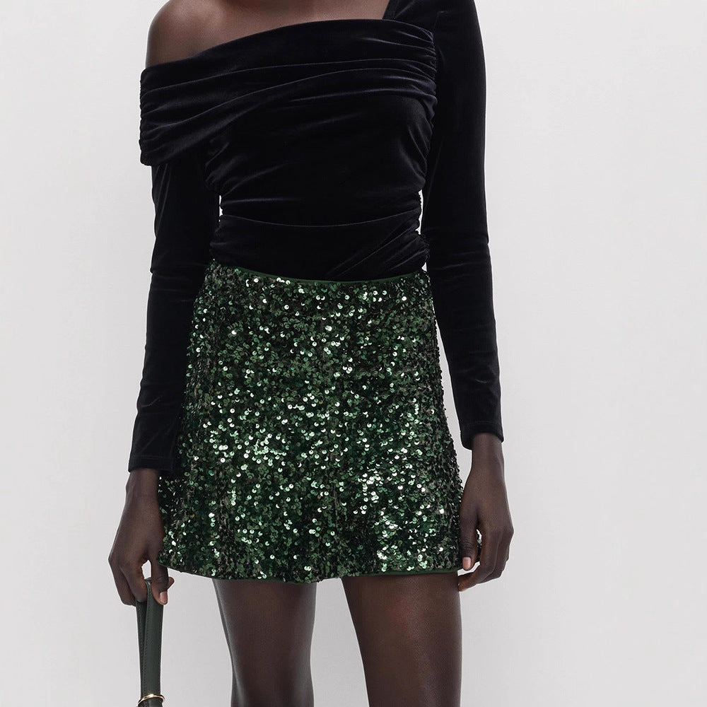 Women's sequin mini skirt with tailored silhouette & light A-line cut Mune Fashion