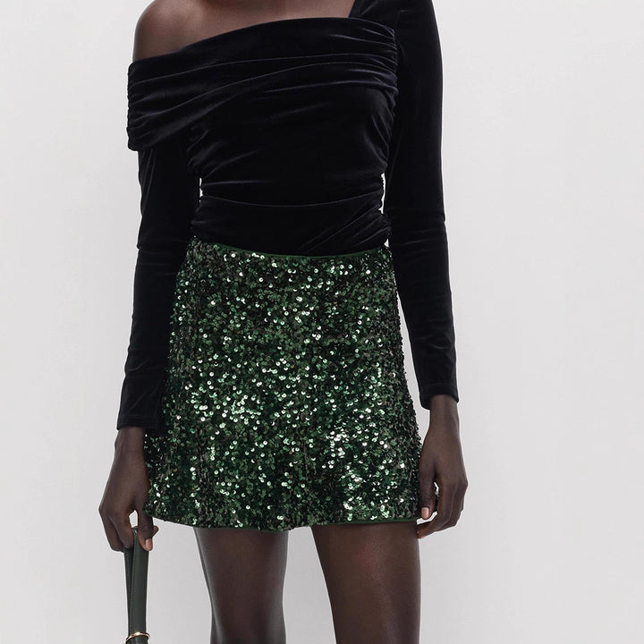 Women's sequin mini skirt with tailored silhouette & light A-line cut Mune Fashion