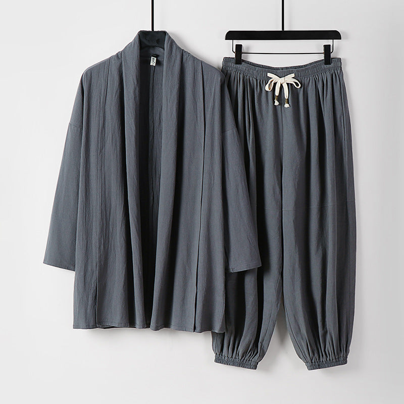 Unisex Relaxed Kimono Two-Piece Set Made of Cotton Muslin with Shawl Collar Jacket and Gathered Ankle Pants Mune Fashion