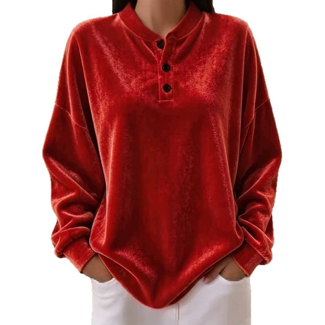 Women Casual Oversized Velvet Henley Shirt with Button Placket Mune Fashion