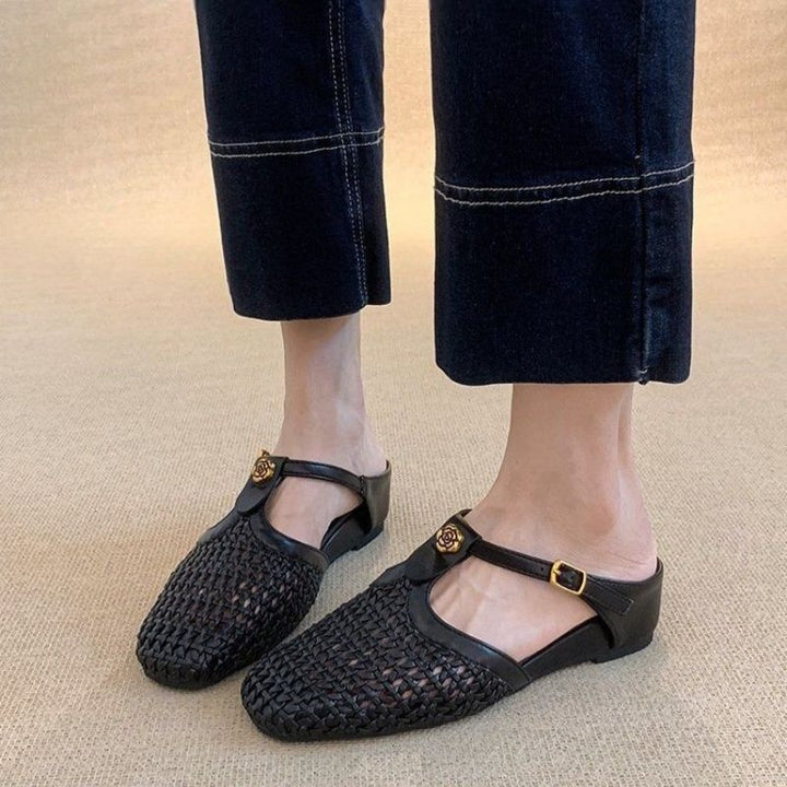Women's Braided Mule Ballet Flats with T-Strap and Decorative Rose Appliqué Mune Fashion