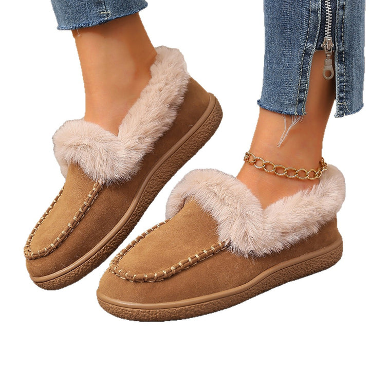 Women Padded Moccasin Slippers with Faux Fur Trim and Decorative Stitching Mune Fashion