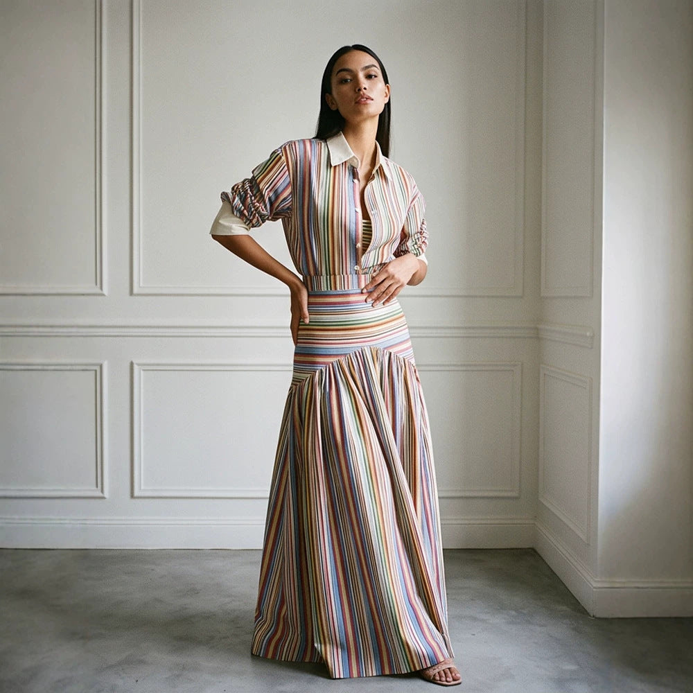 Women’s maxi dress with shirt collar, fitted waistband & layered tiered skirt Mune Fashion