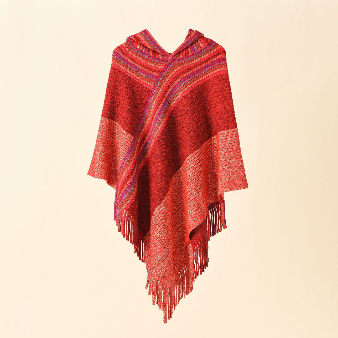 Women's Hooded Poncho in Chunky Knit with Fringe Hem Mune Fashion