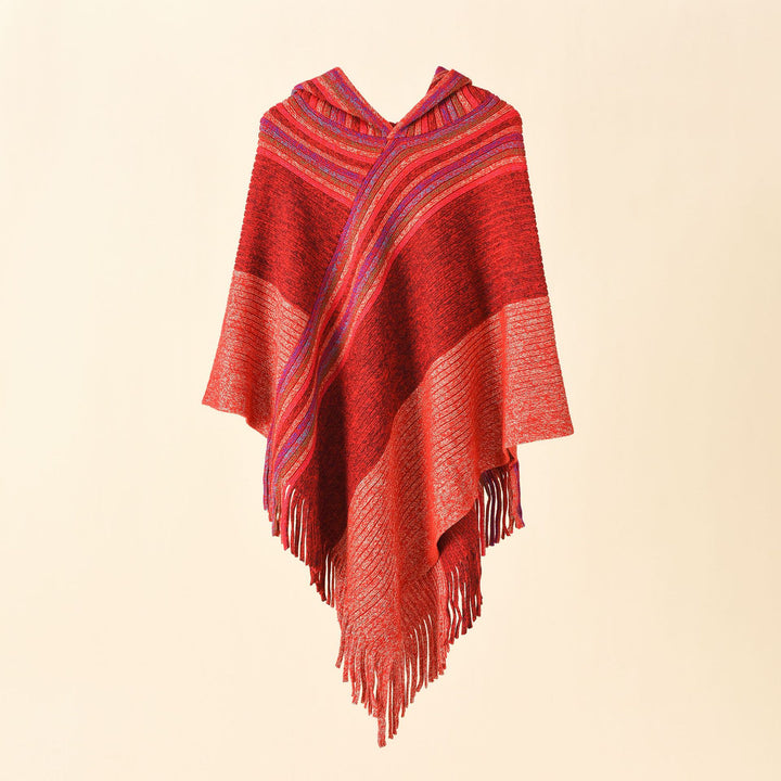 Women's Hooded Poncho in Chunky Knit with Fringe Hem Mune Fashion