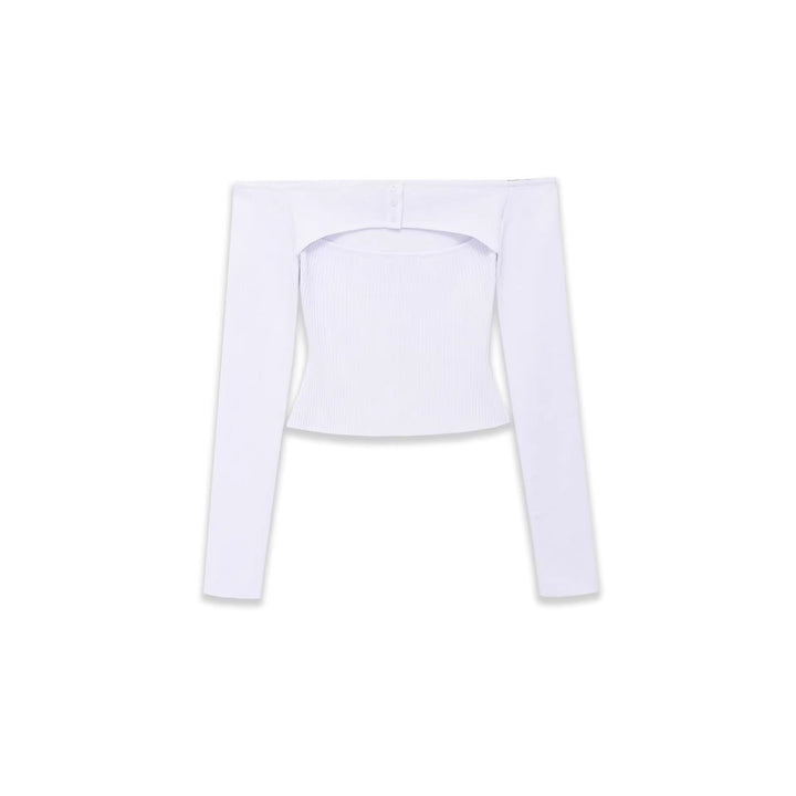 Women Figure-hugging Off-Shoulder Long Sleeve Top with Integrated Bolero and Fine Knit Rib Structure Mune Fashion