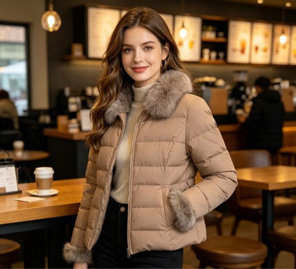 Women's short tailored winter quilted jacket with removable faux fur collar, tonal waist straps and concealed two-way zipper Mune Fashion