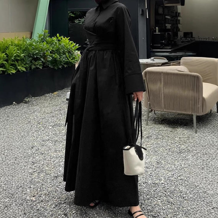 Women's maxi dress in shirt blouse style with waist wrap, wide flared skirt and wide cuffs Drune