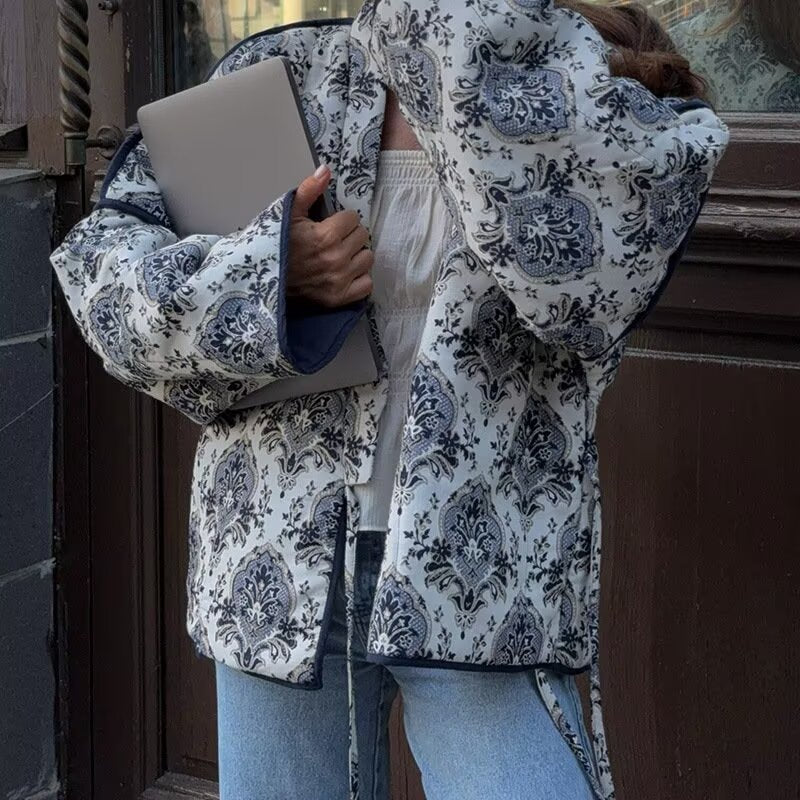 Women Quilted Kimono Jacket with Ornamental Jacquard Look and Contrasting Piping Mune Fashion