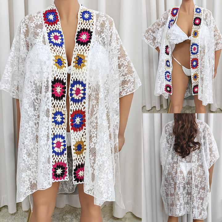 Women crocheted beach cover-up with colorful appliqués Mune Fashion