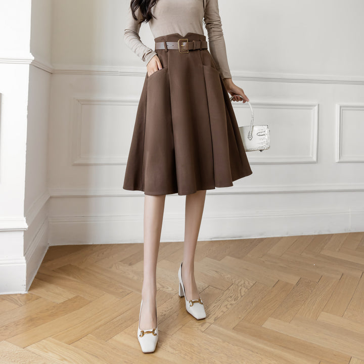 Women's high-waisted flared midi skirt with wide decorative belt, side pockets and flowing drape Mune Fashion