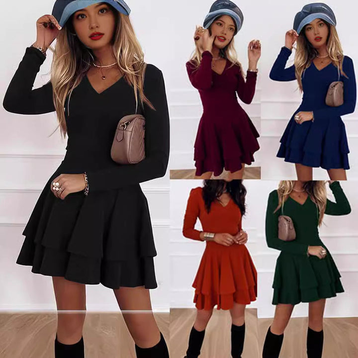 Women's V-Neck Dress with Voluminous Tiered Skirt Mune