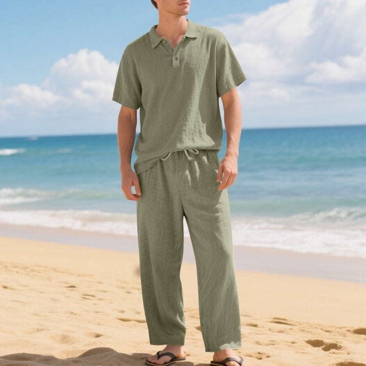 Men's airy linen ensemble with polo collar and adjustable waistband pants Mune Fashion