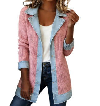 Women Long Knit Coat with Denim Collar Mune Fashion