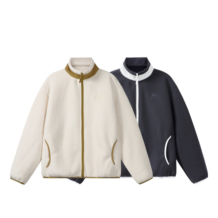Unisex Oversize Fleece-Zip Jacket with Stand-up Collar and Contrast Piping Mune Fashion