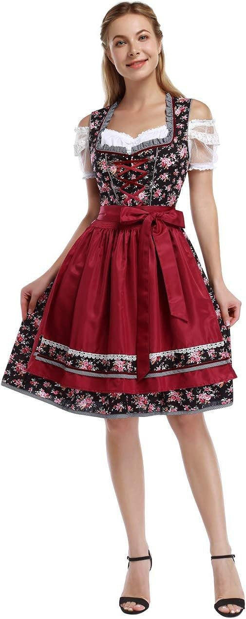 Ladies traditional dirndl dress with lacing, floral cotton quality and bow apron Mune Fashion