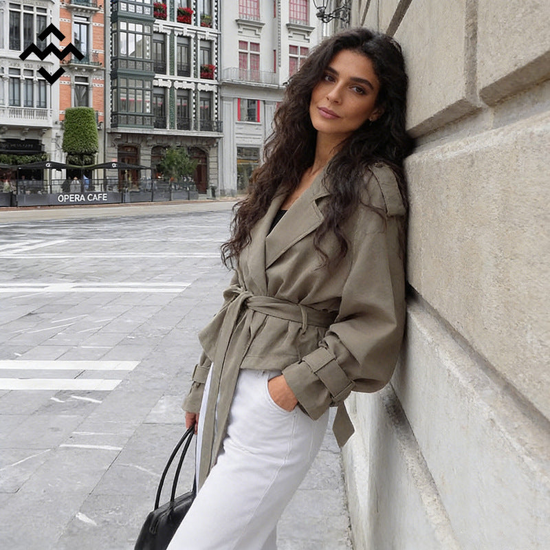 Women Lightweight Short Trench Coat with Wide Lapels, Long Ties and Adjustable Cuffs Mune Fashion
