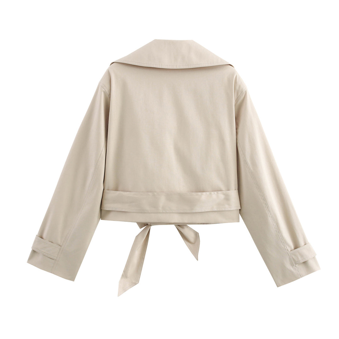 Women Cropped Trench Coat with Wide Lapels, Waist Belt and Double Button Row Mune Fashion