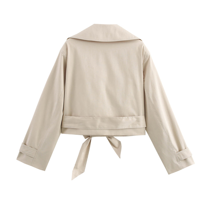 Women Cropped Trench Coat with Wide Lapels, Waist Belt and Double Button Row Mune Fashion