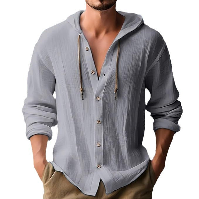 Men's casual hooded shirt with full button placket, drawstring, and lightweight linen look Mune Fashion