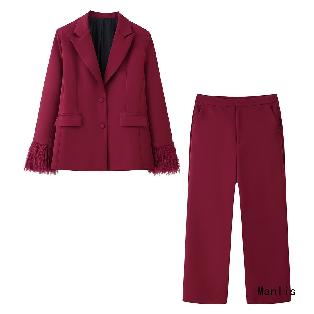 Women's Two-Piece Suit Set with Feather Trim on Sleeves and Wide Marlene Pants Mune Fashion