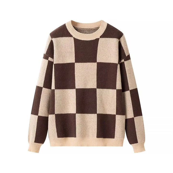 Ladies oversized knitted sweater with checkerboard pattern, ribbed hem and round neck Mune Fashion