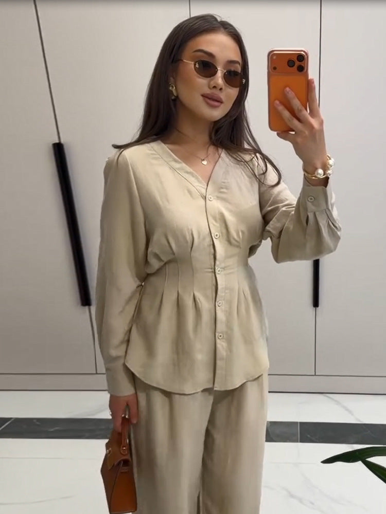 Women V-Neck Blouse and Culotte Set with Waist Pleats and Wide Legs Mune Fashion
