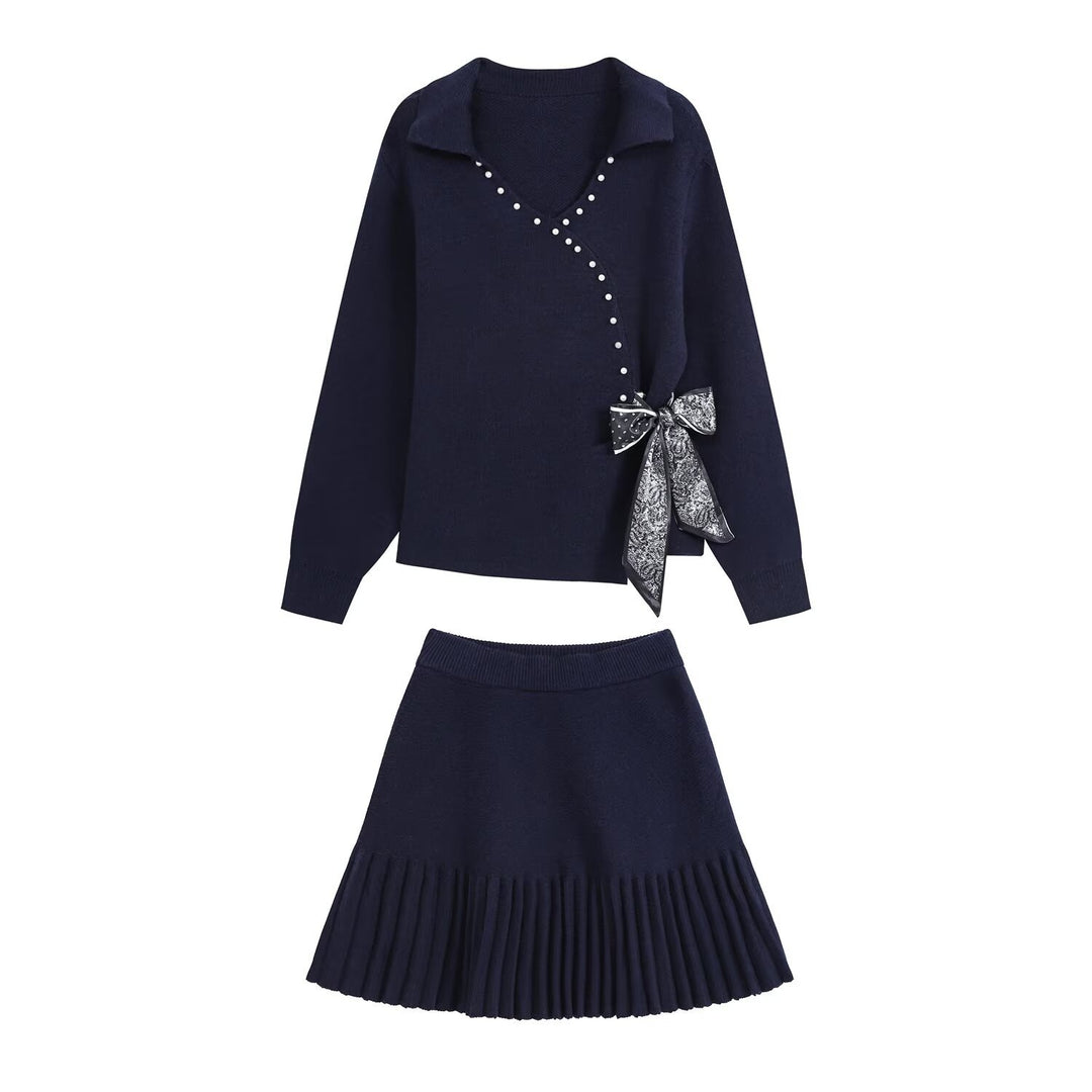 Ladies Two-Piece Fine Knit Set with V-Wrap Top, Bead Trim and Pleated Midi Skirt Mune Fashion