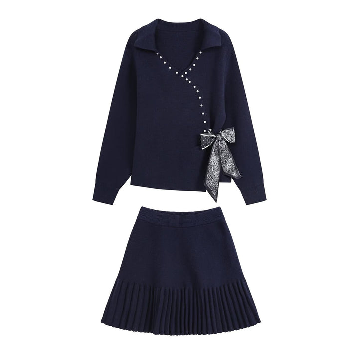 Ladies Two-Piece Fine Knit Set with V-Wrap Top, Bead Trim and Pleated Midi Skirt Mune Fashion