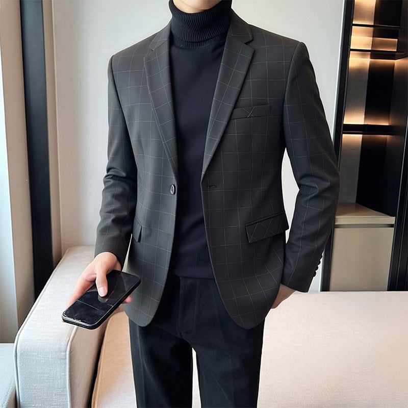 Men's pinstripe suit jacket with a slim fit, two-button closure & chest pocket Mune Fashion