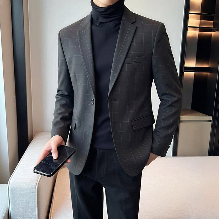 Men's pinstripe suit jacket with a slim fit, two-button closure & chest pocket Mune Fashion