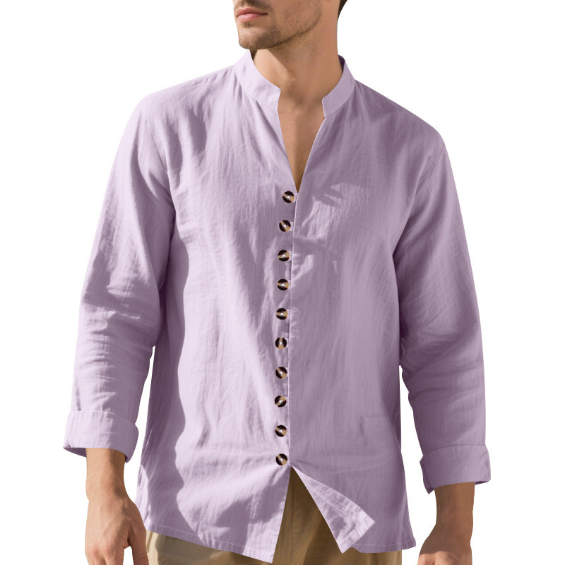 Men's casual linen shirt with Mandarin collar, continuous decorative button placket and roll-up sleeves Mune Fashion