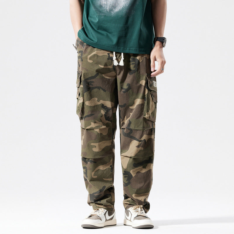 Men's Loose Fit Multi-Pocket Cargo Pants with Drawstring and Camouflage Pattern Mune Fashion