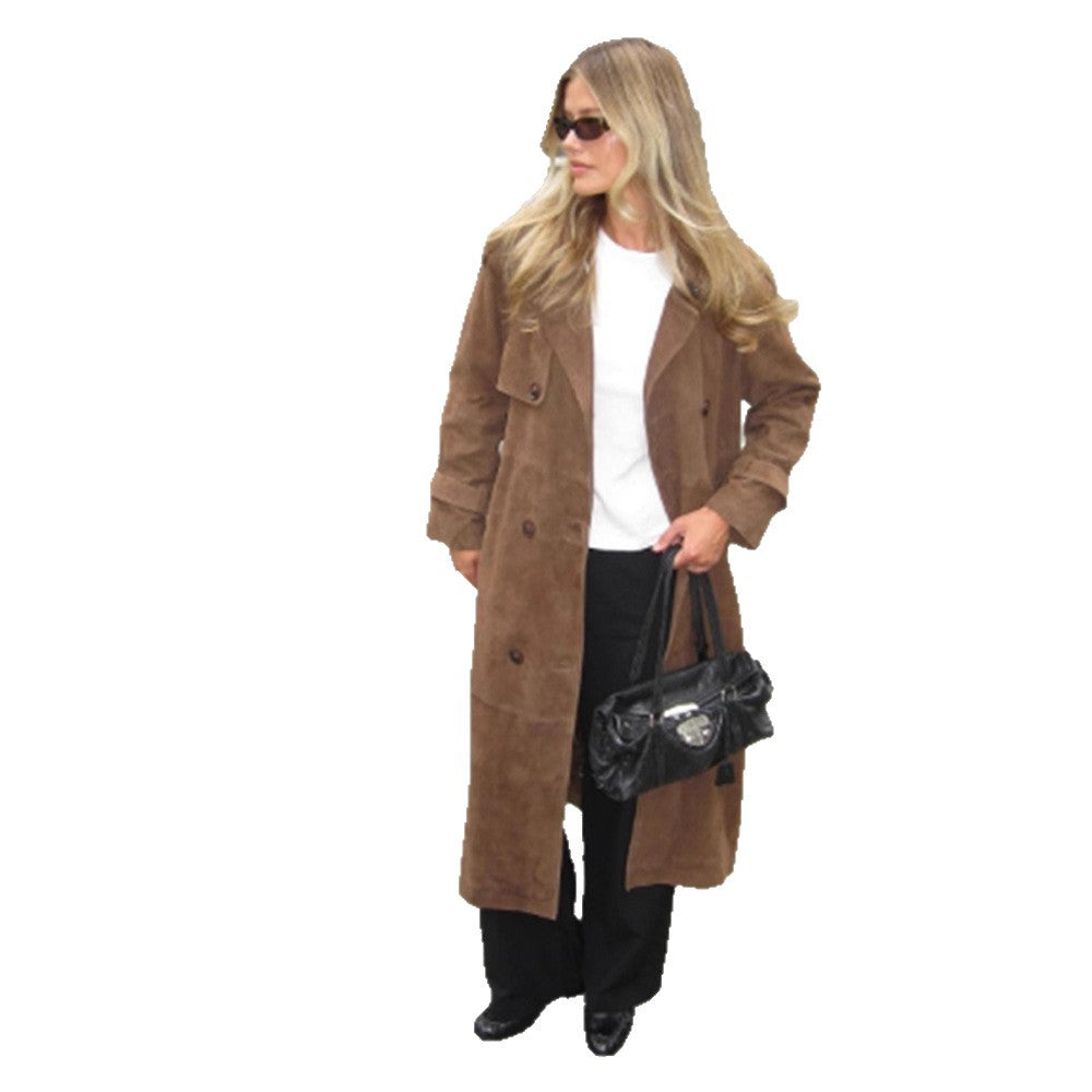 Women's Long Suede Trench Coat with Double-Breasted Buttons Mune Fashion