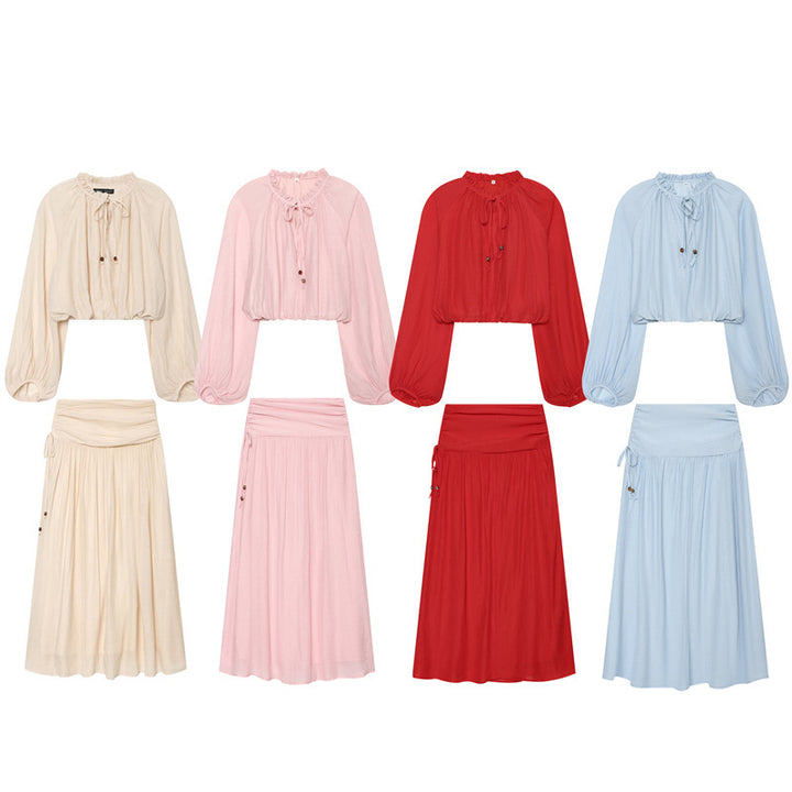 Women Maxi Skirt with High Waist, Side Decorative Cord and Wide Pleated Fall Mune Fashion