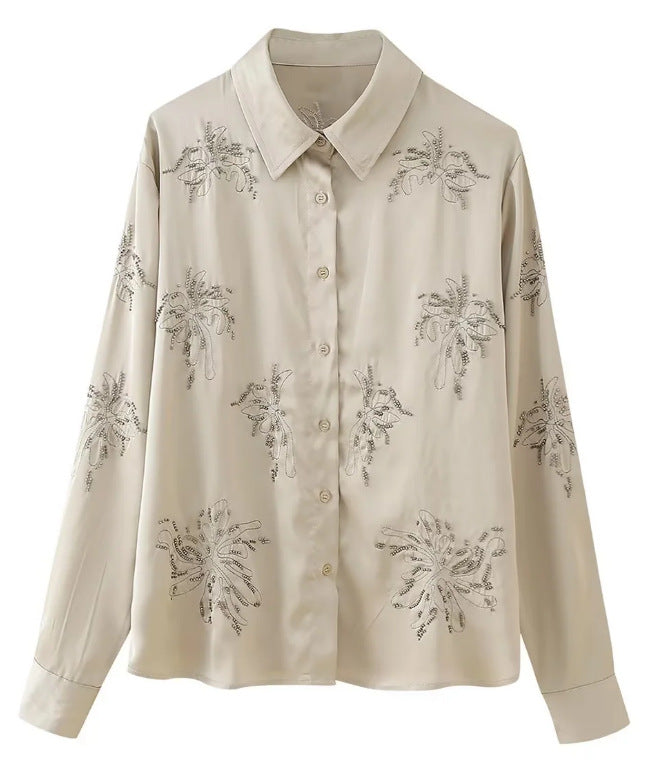 Women's embroidered silk-look blouse with sparkling crystal embellishments and shirt collar Mune Fashion