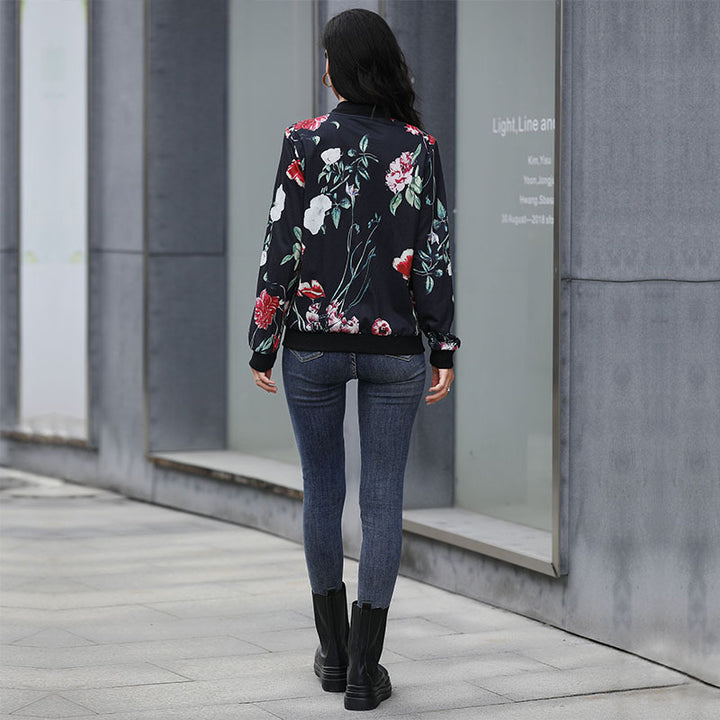 Women's floral bomber jacket with zipper, ribbed cuffs, and side pockets Mune Fashion