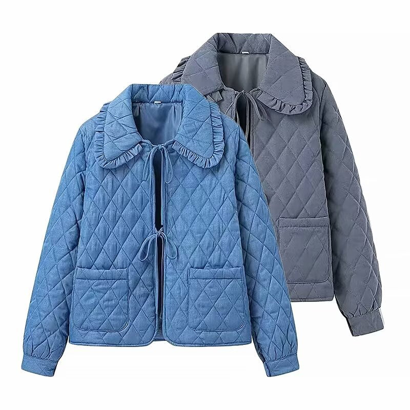 Ladies padded short jacket with ruffle collar, ties and patch pockets Mune Fashion