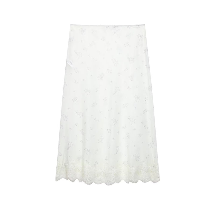 Women Long Slip with Floral Lace Trim and Fine Mesh Embroidery Mune Fashion