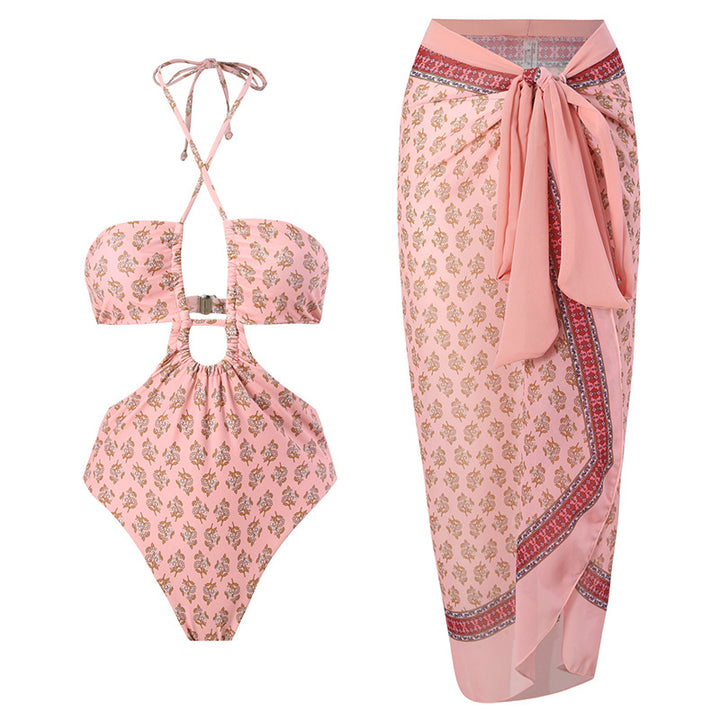 Women's bandeau bikini with floral accents and light wrap skirt Mune Fashion