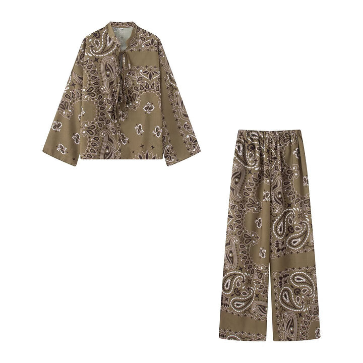 Women's Two-Piece Satin Look Lounge Set with Paisley Print, Kimono Collar Blouse and Wide Culotte Pants Mune Fashion