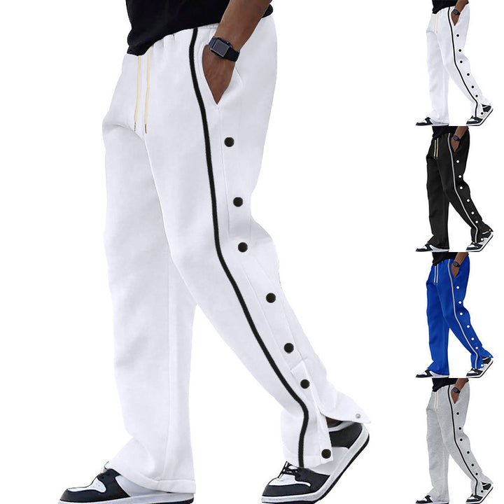 Men's Snap Track Pants with side snap buttons, contrasting side stripe, and elastic drawstring waistband Mune Fashion