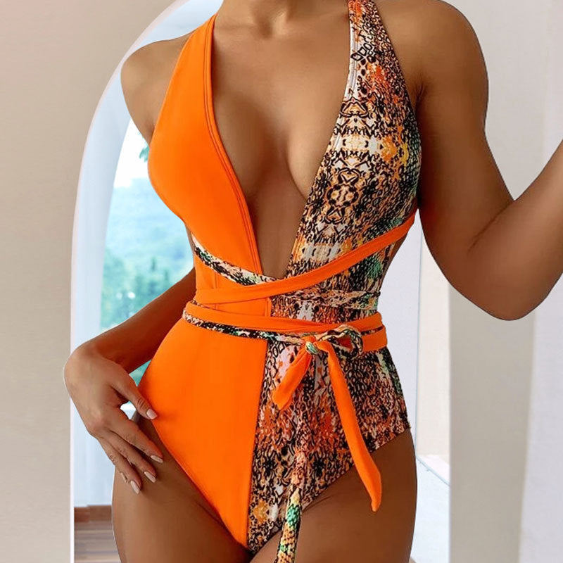 Women One-Piece Swimsuit with Refined Snake Print Details Mune Fashion