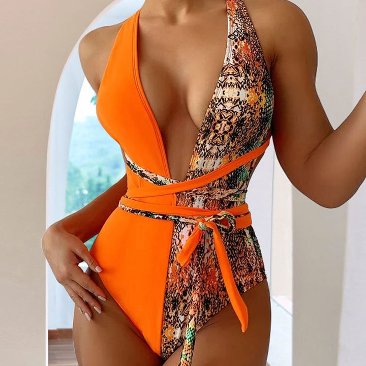 Women One-Piece Swimsuit with Refined Snake Print Details Mune Fashion